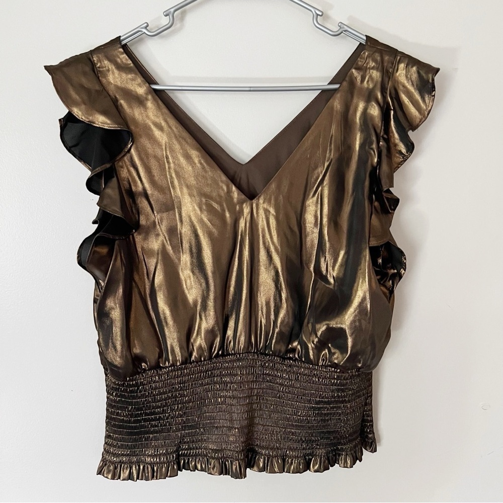 Nine West Metallic Brown Smocked Hem Ruffle Top Sleeveless Large Party Glam Chic - Picture 5 of 9